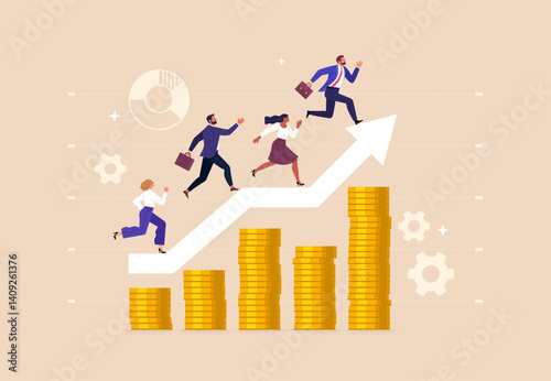 Business_success_1_8 Business Success Concept. Vector cartoon illustration of a group of diverse people in business suits running on a growing graph of stacked coins. Isolated on background.
