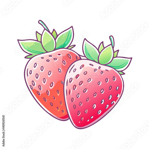 Two Juicy Strawberries with Green Leaves Delicious Summer Fruit Illustration
