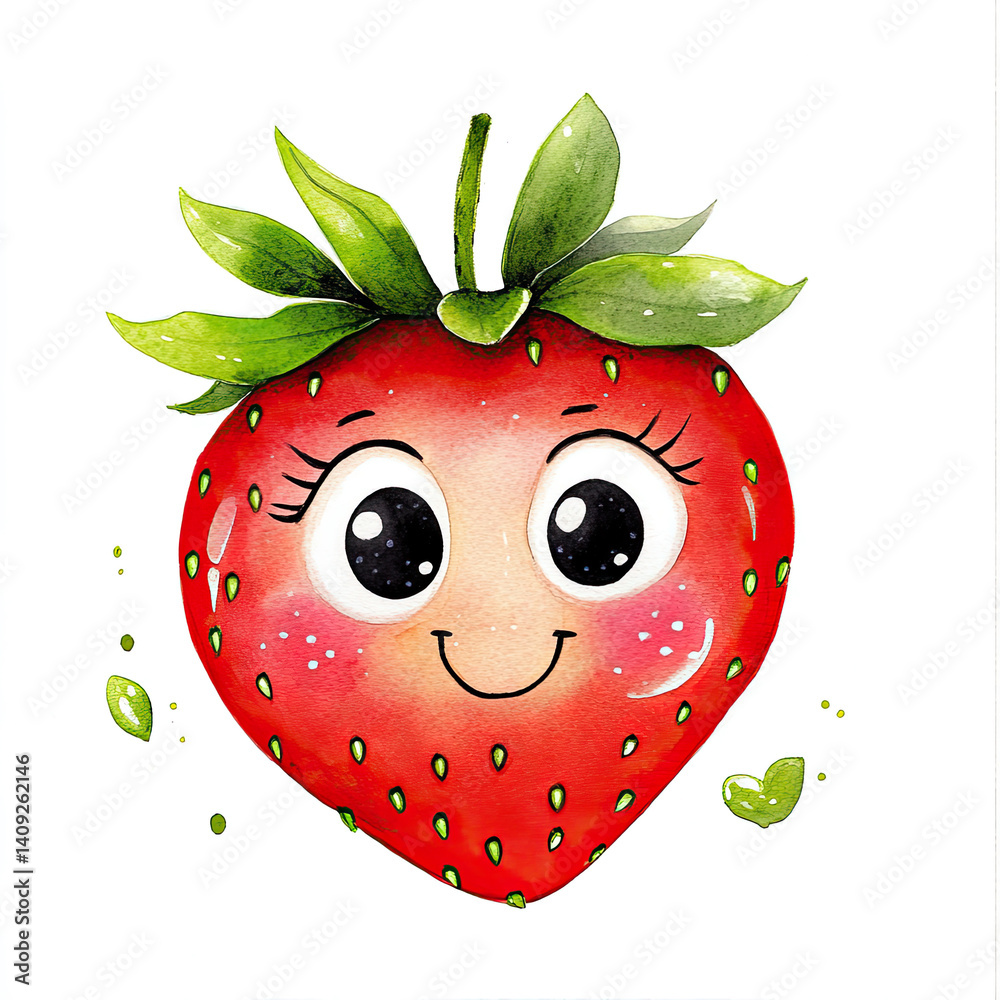 Obraz premium Watercolor strawberry with cute face and black dotted eyes for fun and playful designs