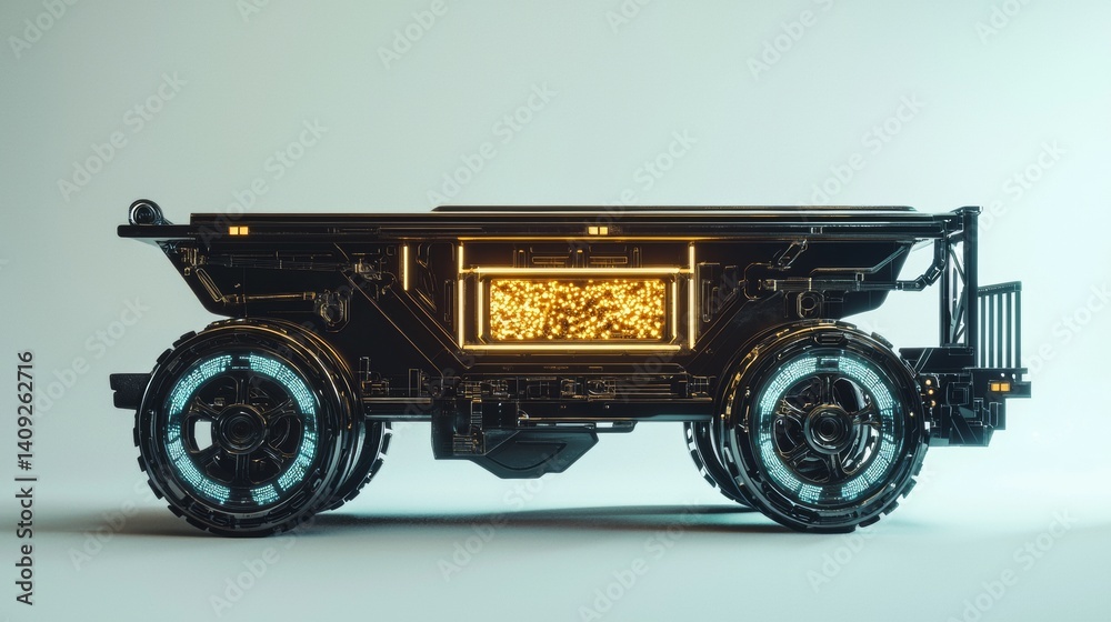 Naklejka premium Unique futuristic vehicle design featuring illuminated features and intricate details in a minimalist setting