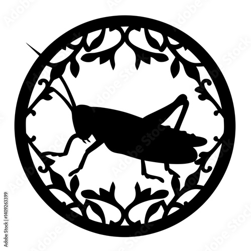 Grasshopper Silhouette Framed by Ornate Floral Ring in Black and White