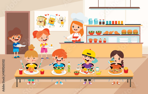 Cafeteria Scene With Cartoon Characters