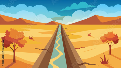 The dry irrigation ditch serves as a visual representation of the relentless drought that has plagued this region for years leaving the land desolate and barren.. Vector illustration