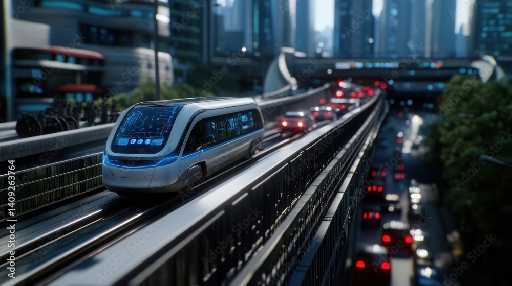Futuristic urban transit in elevated city Futuristic urban transit in elevated city