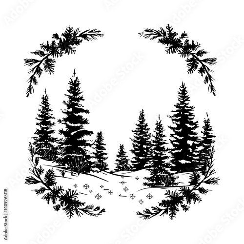 Silhouette of a snowy pine forest with scattered footprints, framed by pine branches, in monochrome style on a white background