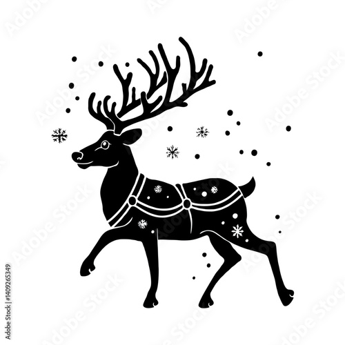 Black silhouette of a decorated reindeer with snowflakes and dots, flat graphic style, isolated on white background, symbolizing winter festivity