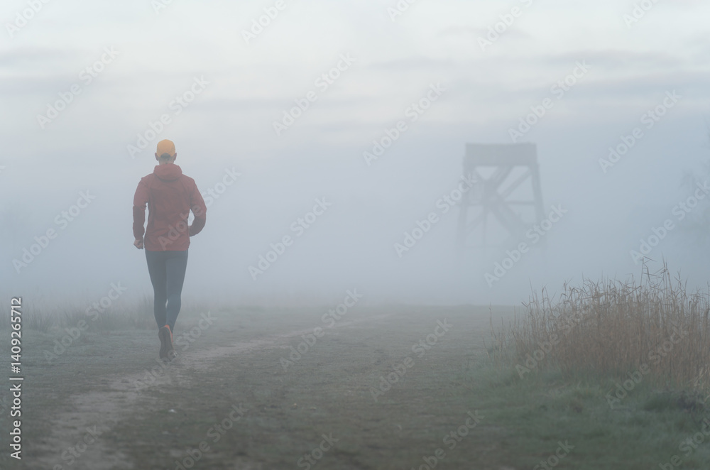 Man running in the foggy, Dutch countryside on a cold morning.