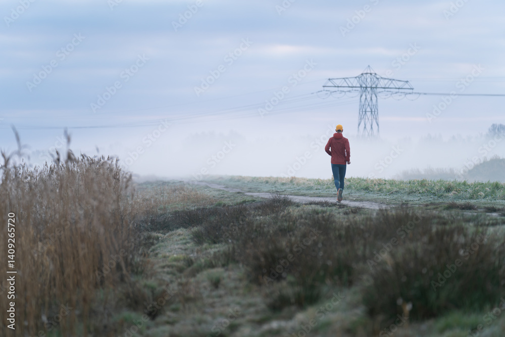 Man running in the foggy, Dutch countryside on a cold morning.
