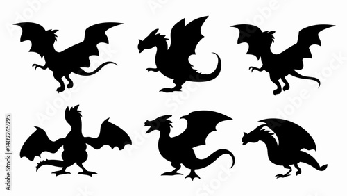 set of dragon  silhouette vector on white background