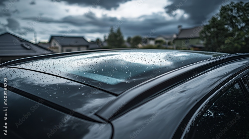 Obraz premium Rain droplets on a car's sunroof reflecting stormy clouds in a suburban neighborhood