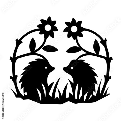 Black and white stylized image of two hedgehogs and flowers