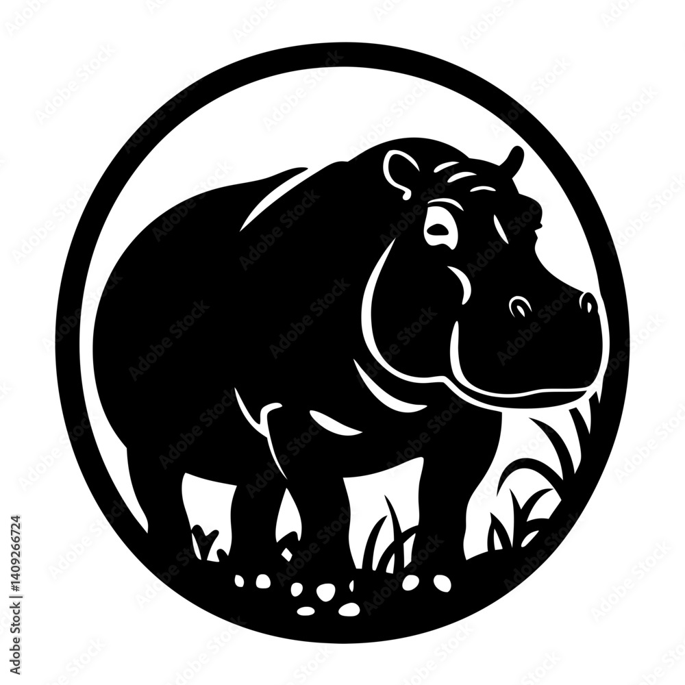 Fototapeta premium A stylized hippo stands in a circle with grass in black and white