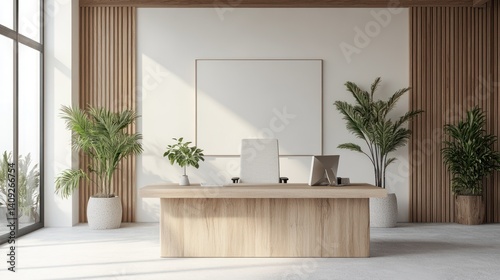 Zen-inspired office interior, calm tones, white background