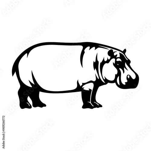 Silhouette of a massive hippopotamus standing on a white background, isolated