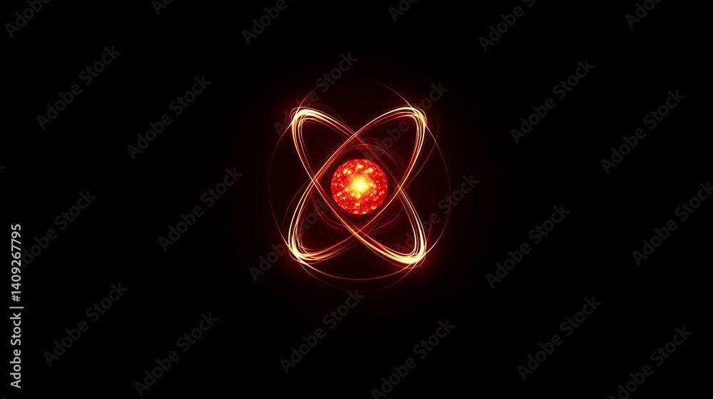Fototapeta premium Abstract red atomic structure energy science background illustration hot fire dark orbit light power
