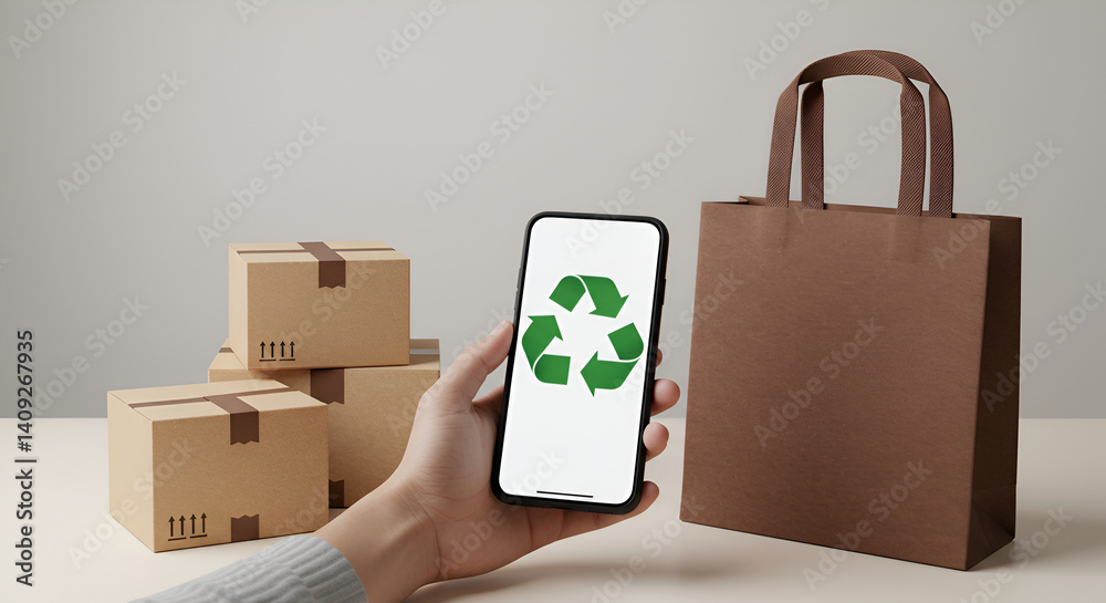Fototapeta premium Hand holding a smartphone displaying a recycle logo, with cardboard boxes and a reusable tote bag nearby—representing the concept of eco-friendly and sustainable shopping. 