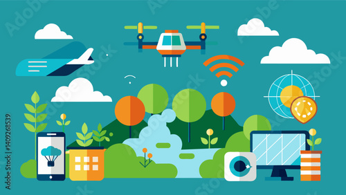 Precision agriculture technologies such as drones and satellite imagery are integrated with weather forecasts to improve efficiency and yield.. Vector illustration