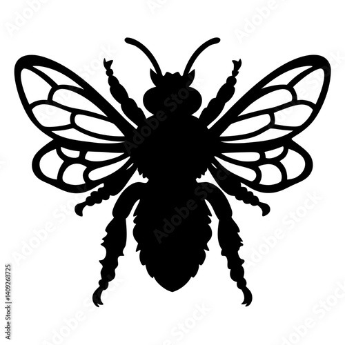 Silhouette of a honeybee with intricate wing patterns on a white background