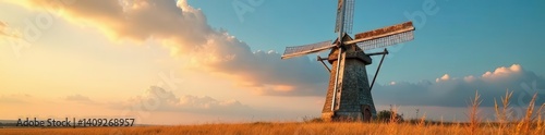 Weathered windmill against vibrant summer sky, history, aesthetic, old