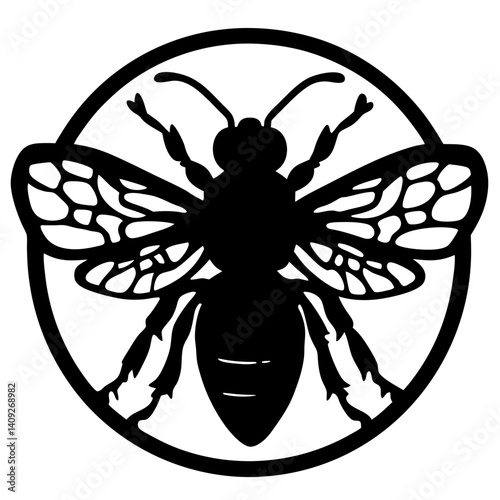 Silhouetted honey bee with intricate wing details inside a circular frame