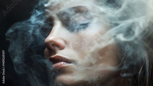 Mysterious Woman Portrait in Smoke with Sensual Expression and Dramatic Lighting