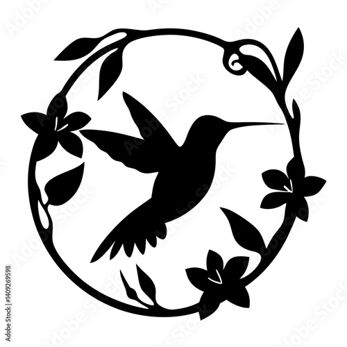 Elegant hummingbird silhouette amidst a floral wreath design in black and white