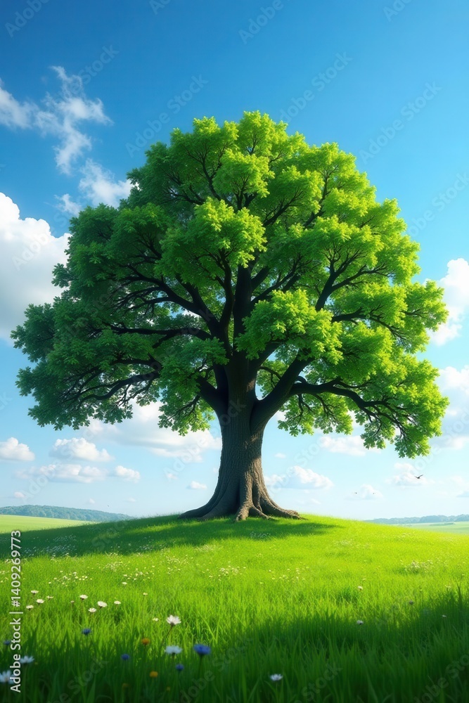Fototapeta premium Ancient oak, perfect canopy against blue sky, tranquil meadow, background, environment