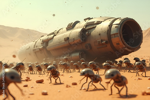 Crashed Metallic Spaceship Invaded by Insectoids in Sandy Desert
