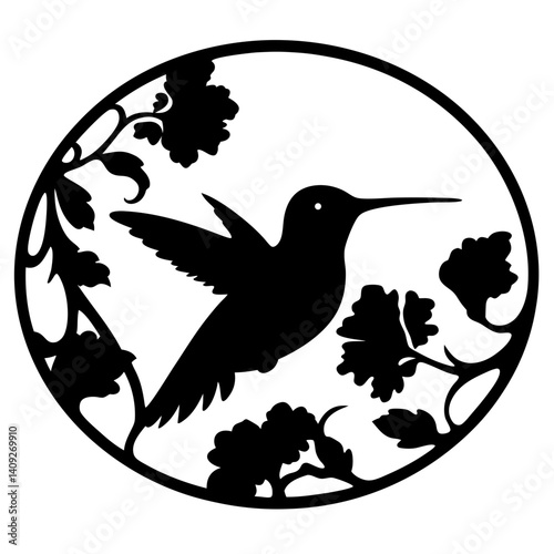 Hummingbird and Floral Arrangement Silhouette in a Circular Frame Design