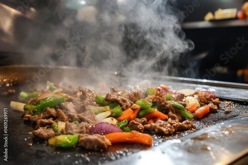 Sizzling Stir-Fry Delight: A close-up shot of a sizzling stir-fry with a tantalizing display of fresh meat and vibrant vegetables being cooked on a hot griddle with steam rising from it.