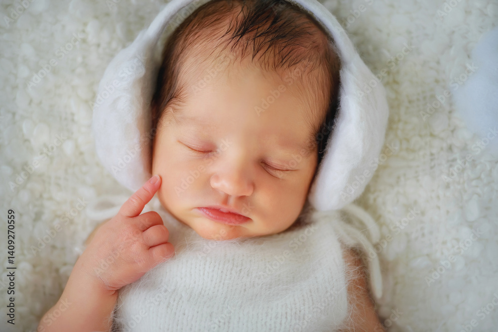 Portrait of a newborn baby. Little girl touched her cheek with her finger. Girl in headphones. New addition to the family. Daughter is sleeping. Sweet baby. Happiness. Little sister. Family. Portrait of a newborn baby. Little girl touched her cheek with her finger. Girl in headphones. New addition to the family. Daughter is sleeping. Sweet baby. Happiness. Little sister. Family.