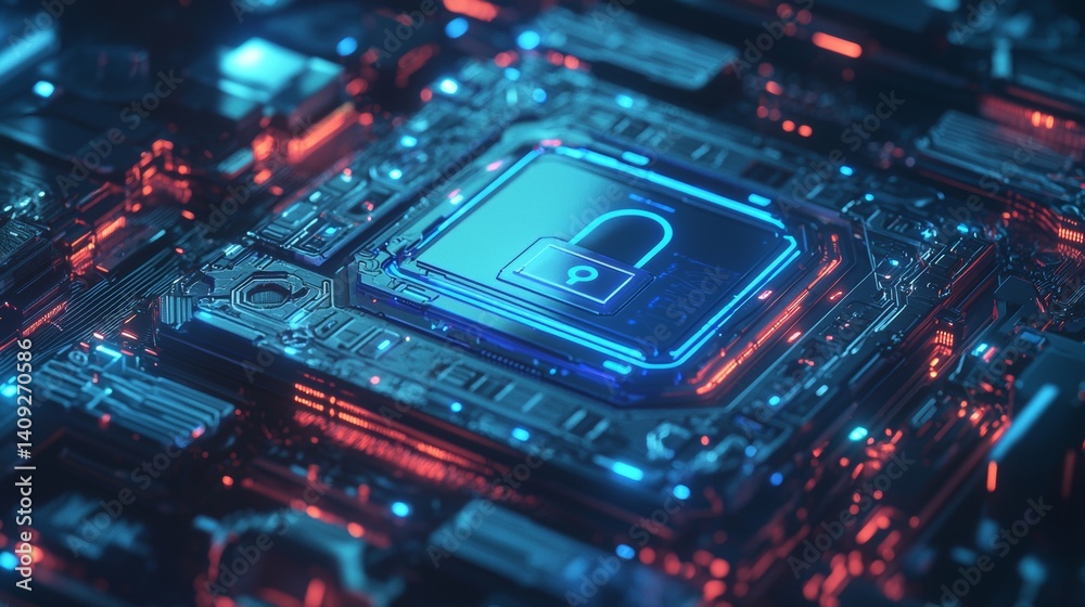 Digital lock symbol glowing on a futuristic circuit board with blue and red neon lights, showcasing advanced technology Digital lock symbol glowing on a futuristic circuit board with blue and red neon lights, showcasing advanced technology