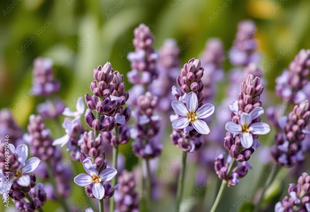 Close-up of fragrant lavender blossoms, showcasing delicate petals and buds , buds, background Close-up of fragrant lavender blossoms, showcasing delicate petals and buds , buds, background