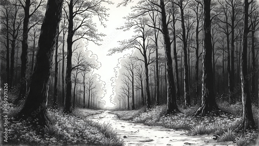 Fototapeta Monochrome Forest Path with Trees and Clearing