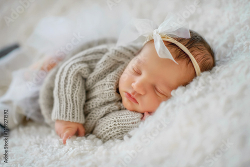 A newborn girl in a gray knitted bodysuit and a ballerina skirt sleeps, putting her hand under her cheek. The baby has a headband with a bow on her head, skates on her feet. She smiles. New addition t