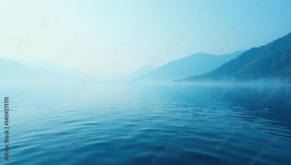 Fototapeta premium Misty marine horizon; glassy, still ocean surface, soft blue tones , landscape, maritime