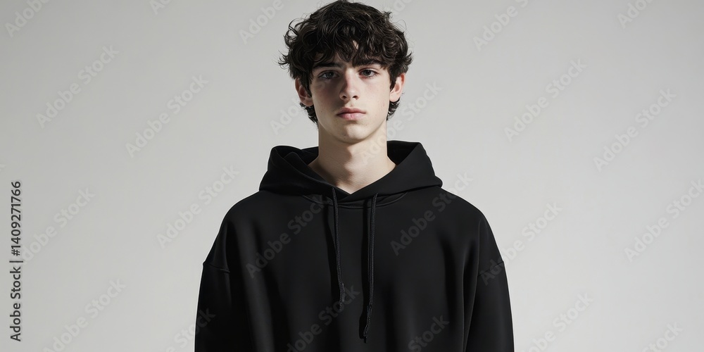 Obraz premium Simple Hoodie Fashion: A young man with dark, curly hair models a classic black hoodie, presenting a clean, modern style.