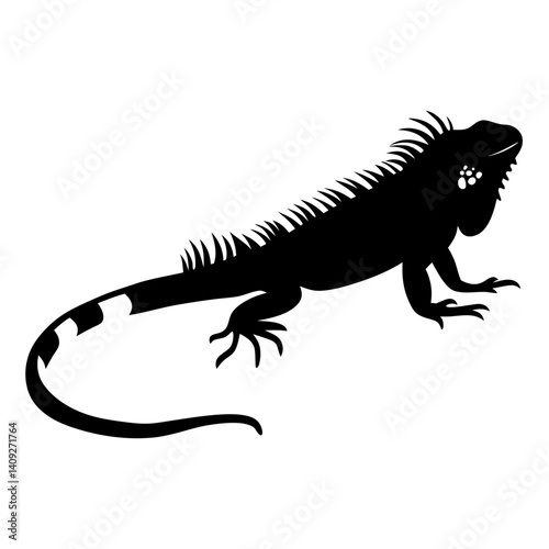 Black silhouette of a large iguana with spiky scales on a white background