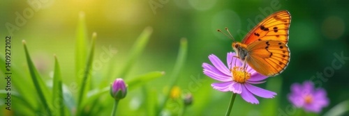 Wallpaper Mural Orange butterfly's wings spread wide, delicately resting on a vibrant purple bloom amid green grasses , blossom, texture Torontodigital.ca