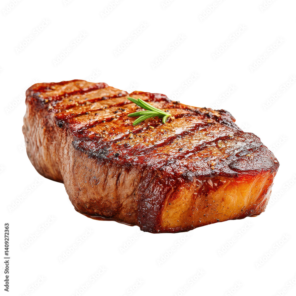 Grilled steak with rosemary. Delicious and juicy steak cooked on the grill, garnished with fresh rosemary.