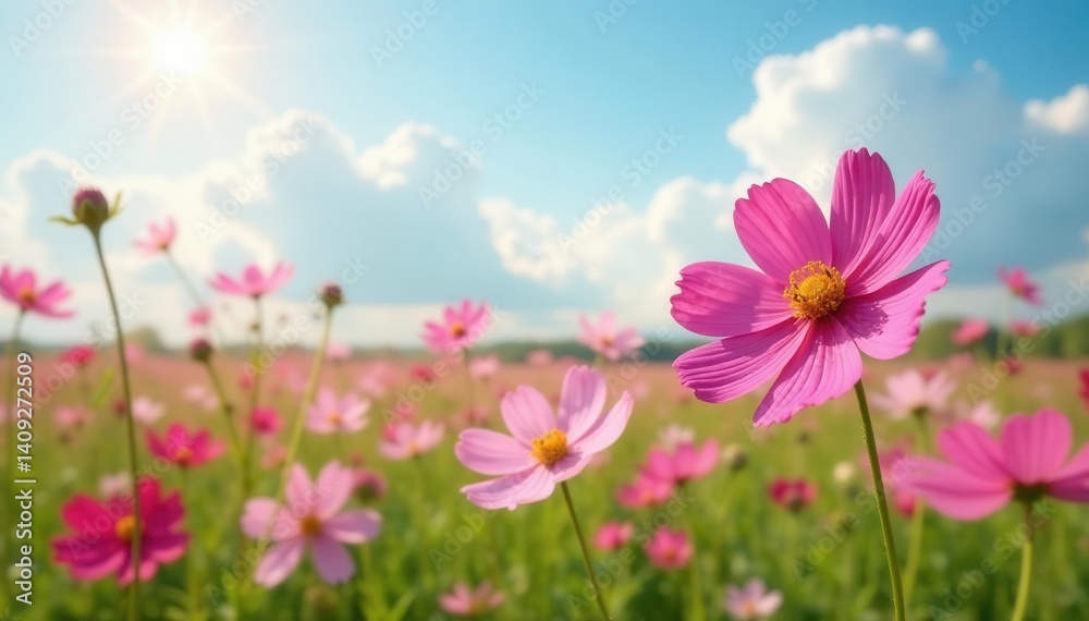 Pink cosmos flowers sway gently in a summer field , landscape, countryside, botany Pink cosmos flowers sway gently in a summer field , landscape, countryside, botany