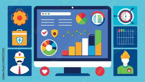 A public safety dashboard that displays realtime data from police fire and emergency medical services to coordinate responses and identify patterns in emergencies.. Vector illustration