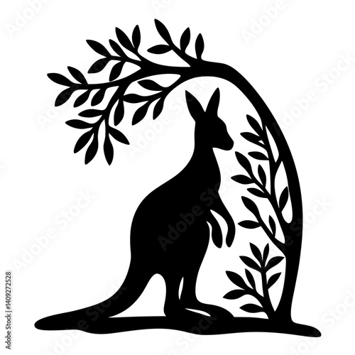 Silhouette of a Kangaroo Standing Under a Tree Branch Australian Wildlife Art Black and White Graphic Design