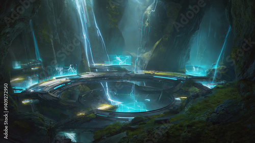 Futuristic cavern landscape with glowing streams of energy and structure