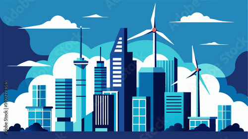 A the towering buildings massive wind turbines can be seen harnessing the strong gusts of air to power the citys futuristic transportation system.. Vector illustration