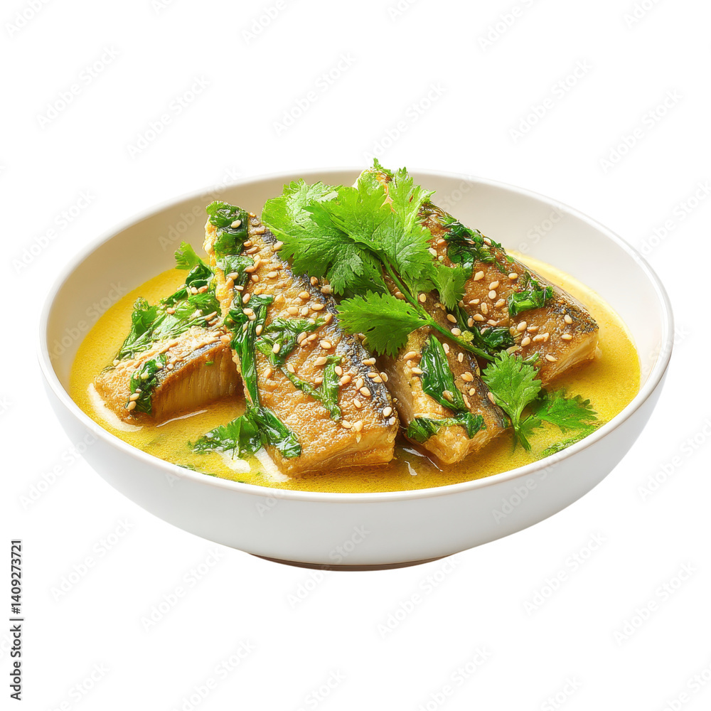 Delicious fish curry with cilantro and sesame seeds in a white bowl. Concept of healthy eating, asian cuisine. Delicious fish curry with cilantro and sesame seeds in a white bowl. Concept of healthy eating, asian cuisine.