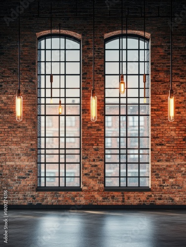 Industrial loft interior with brick wall large windows and hanging edison bulbs creating warm light