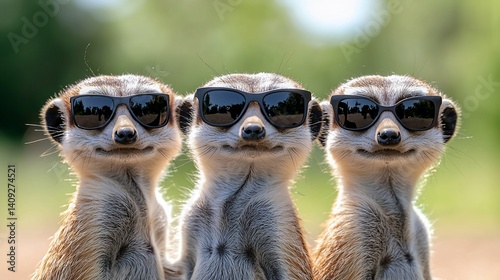 Three meerkats wearing sunglasses photo