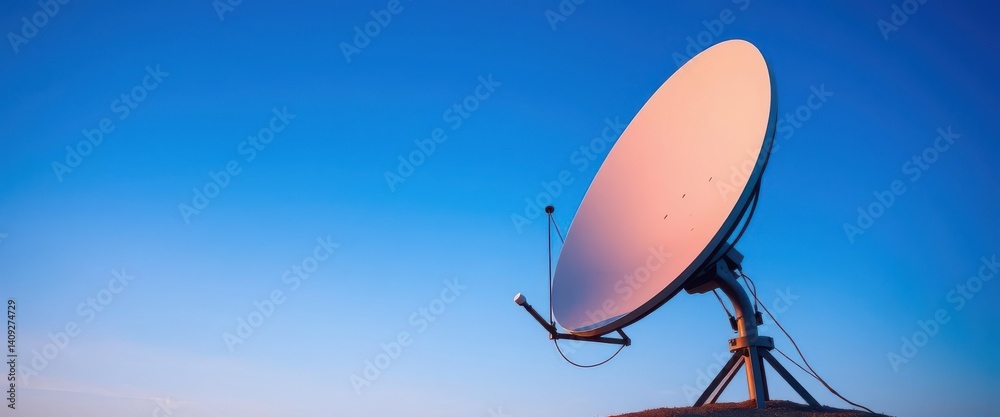 Curved satellite dish antenna receiving signal against blue sky, point, wireless Curved satellite dish antenna receiving signal against blue sky, point, wireless