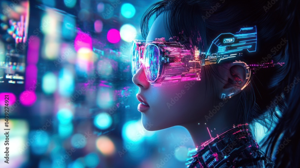 Futuristic woman with augmented reality glasses in a vibrant city Futuristic woman with augmented reality glasses in a vibrant city